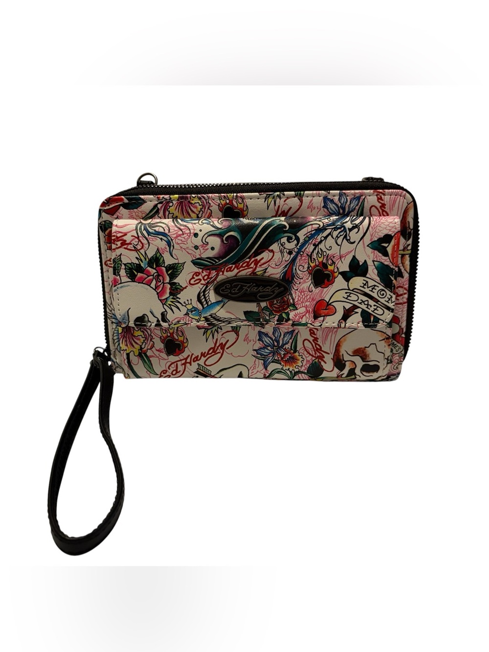 Ed Hardy White Multicolor Zip Around Wallet / Wristlet